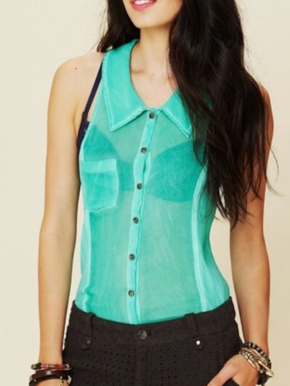We The Free Green Sheer Gauze Sleeveless Boho Button Up Top  Size Small